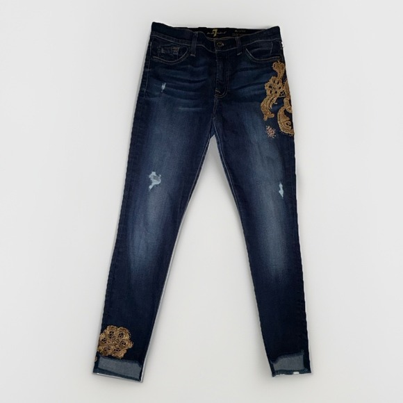 7 For All Mankind Denim - 7 for All Mankind The Ankle Skinny Distressed Jeans Step Hem Size 28 Embellished